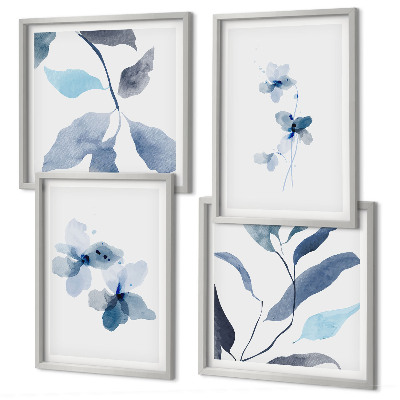 Políptico com moldura Flores azuis minimalistas