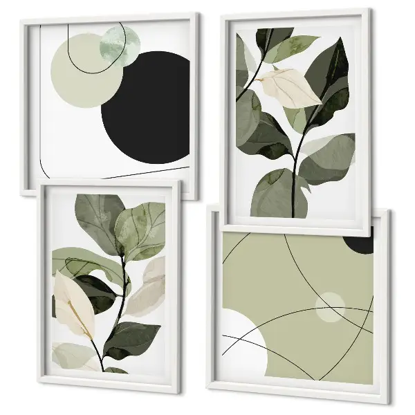 Conjunto de 4 quadros com moldura folhas pintadas em estilo abstrato