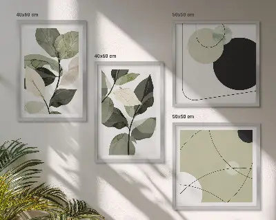 Conjunto de 4 quadros com moldura folhas pintadas em estilo abstrato