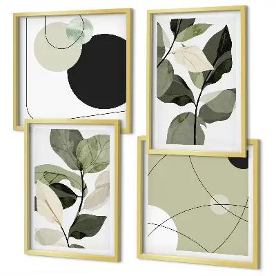 Conjunto de 4 quadros com moldura folhas pintadas em estilo abstrato