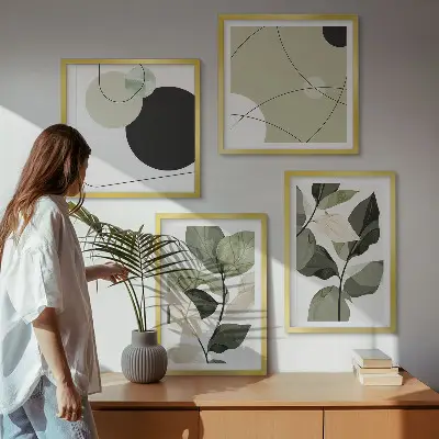 Conjunto de 4 quadros com moldura folhas pintadas em estilo abstrato