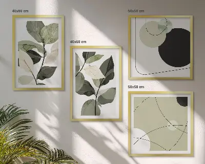 Conjunto de 4 quadros com moldura folhas pintadas em estilo abstrato