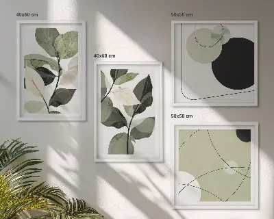 Conjunto de 4 quadros com moldura folhas pintadas em estilo abstrato
