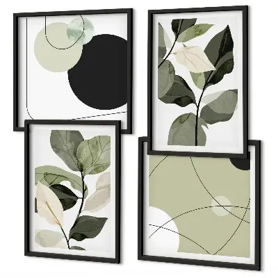Conjunto de 4 quadros com moldura folhas pintadas em estilo abstrato