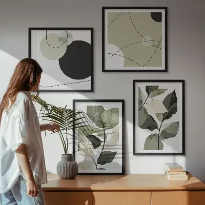 Conjunto de 4 quadros com moldura folhas pintadas em estilo abstrato