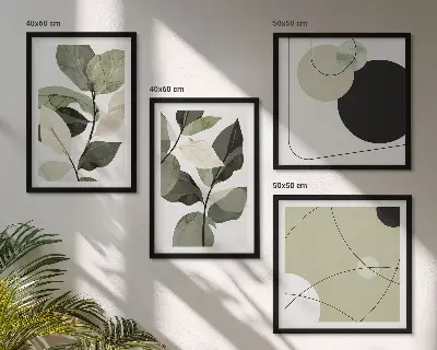 Conjunto de 4 quadros com moldura folhas pintadas em estilo abstrato