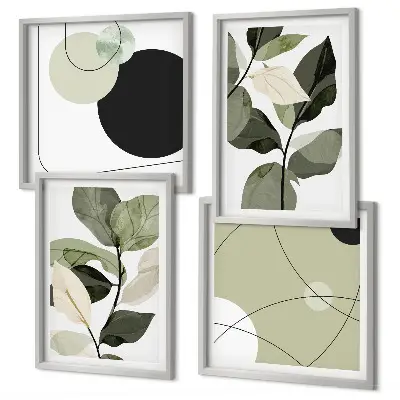 Conjunto de 4 quadros com moldura folhas pintadas em estilo abstrato
