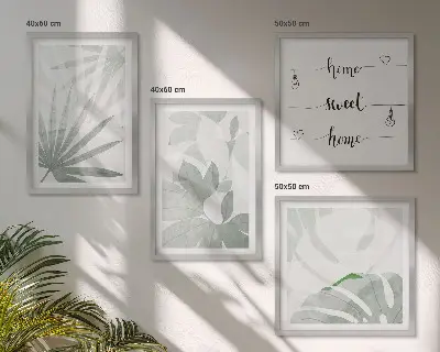 Conjunto de quadros com estampas de folhas verde-acinzentadas