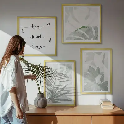 Conjunto de quadros com estampas de folhas verde-acinzentadas