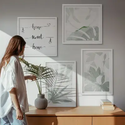 Conjunto de quadros com estampas de folhas verde-acinzentadas