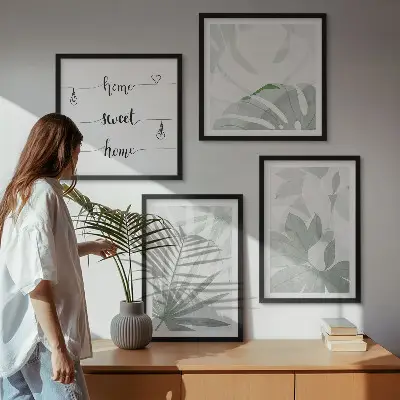 Conjunto de quadros com estampas de folhas verde-acinzentadas