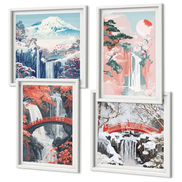 Conjunto de 4 quadros com moldura com estampas de cachoeiras pontes árvores e estações do ano