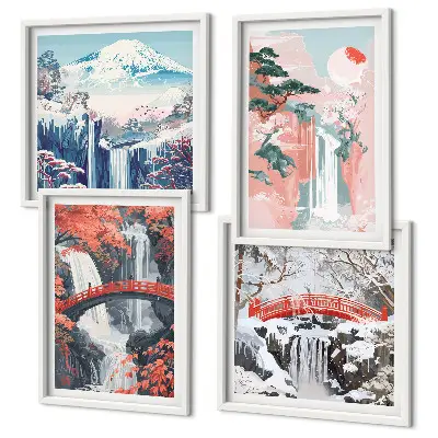 Conjunto de 4 quadros com moldura com estampas de cachoeiras pontes árvores e estações do ano
