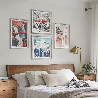 Conjunto de 4 quadros com moldura com estampas de cachoeiras pontes árvores e estações do ano