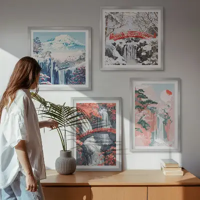 Conjunto de 4 quadros com moldura com estampas de cachoeiras pontes árvores e estações do ano
