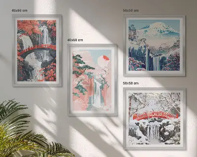 Conjunto de 4 quadros com moldura com estampas de cachoeiras pontes árvores e estações do ano