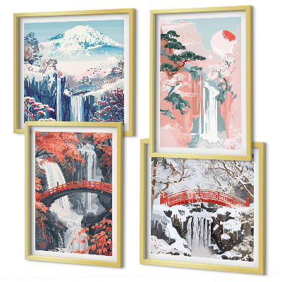 Conjunto de 4 quadros com moldura Cachoeiras, pontes, árvores, estações do ano