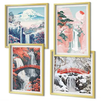Conjunto de 4 quadros com moldura com estampas de cachoeiras pontes árvores e estações do ano