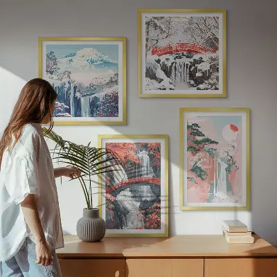 Conjunto de 4 quadros com moldura com estampas de cachoeiras pontes árvores e estações do ano
