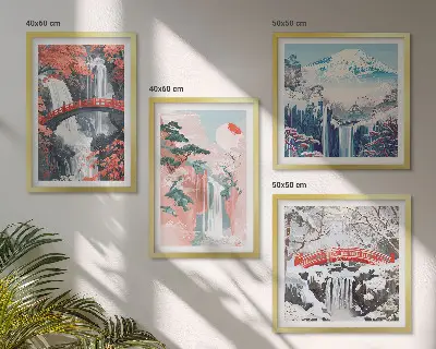 Conjunto de 4 quadros com moldura com estampas de cachoeiras pontes árvores e estações do ano