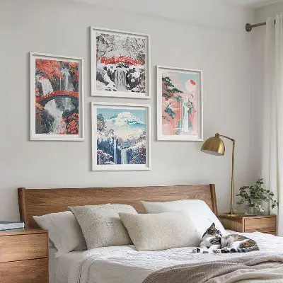 Conjunto de 4 quadros com moldura com estampas de cachoeiras pontes árvores e estações do ano