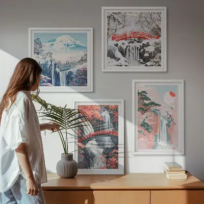 Conjunto de 4 quadros com moldura com estampas de cachoeiras pontes árvores e estações do ano