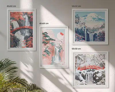 Conjunto de 4 quadros com moldura com estampas de cachoeiras pontes árvores e estações do ano