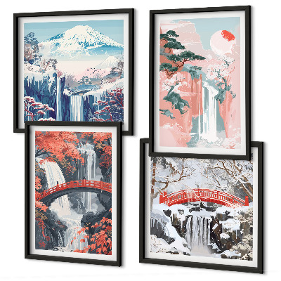 Conjunto de 4 quadros com moldura Cachoeiras, pontes, árvores, estações do ano