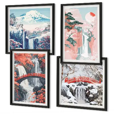 Conjunto de 4 quadros com moldura com estampas de cachoeiras pontes árvores e estações do ano