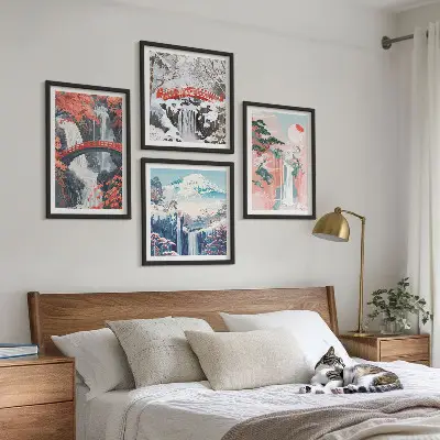 Conjunto de 4 quadros com moldura com estampas de cachoeiras pontes árvores e estações do ano