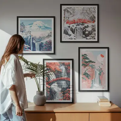 Conjunto de 4 quadros com moldura com estampas de cachoeiras pontes árvores e estações do ano
