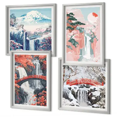 Conjunto de 4 quadros com moldura com estampas de cachoeiras pontes árvores e estações do ano