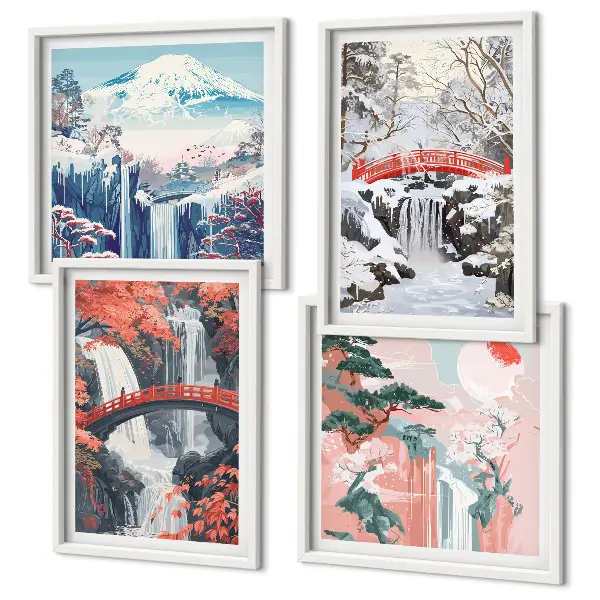 Quadro políptico com moldura e tema de paisagens montanhosas e cachoeiras