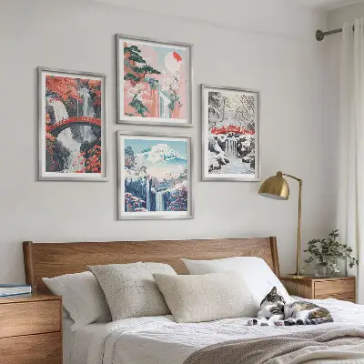 Quadro políptico com moldura e tema de paisagens montanhosas e cachoeiras