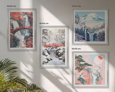 Quadro políptico com moldura e tema de paisagens montanhosas e cachoeiras