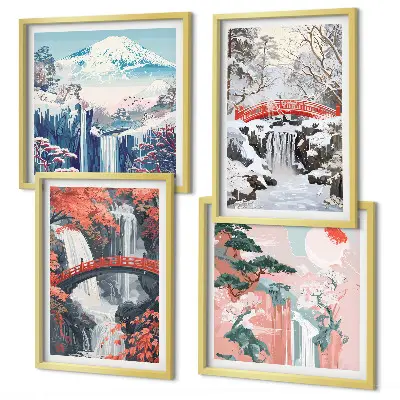 Quadro políptico com moldura e tema de paisagens montanhosas e cachoeiras