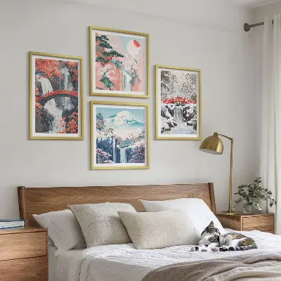 Quadro políptico com moldura e tema de paisagens montanhosas e cachoeiras