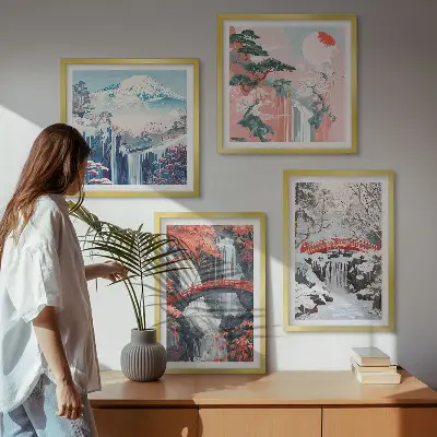 Quadro políptico com moldura e tema de paisagens montanhosas e cachoeiras