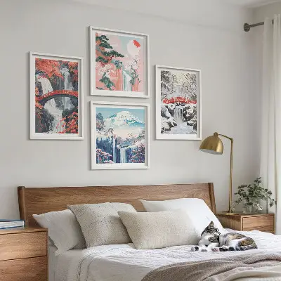 Quadro políptico com moldura e tema de paisagens montanhosas e cachoeiras