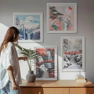 Quadro políptico com moldura e tema de paisagens montanhosas e cachoeiras
