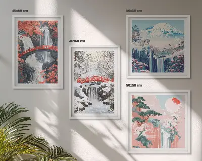 Quadro políptico com moldura e tema de paisagens montanhosas e cachoeiras