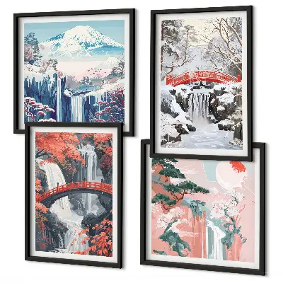 Quadro políptico com moldura e tema de paisagens montanhosas e cachoeiras