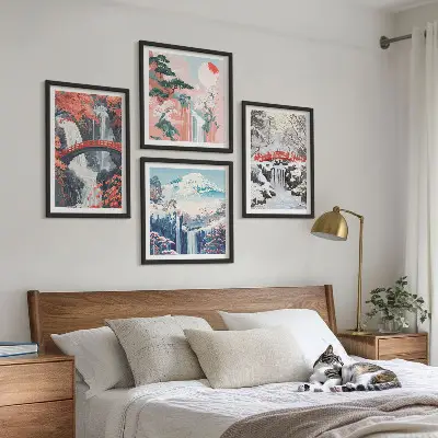 Quadro políptico com moldura e tema de paisagens montanhosas e cachoeiras