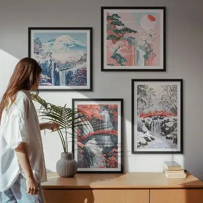 Quadro políptico com moldura e tema de paisagens montanhosas e cachoeiras