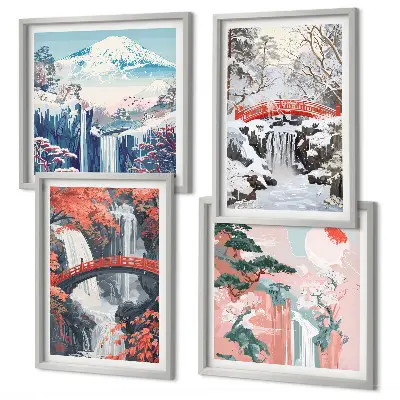 Quadro políptico com moldura e tema de paisagens montanhosas e cachoeiras