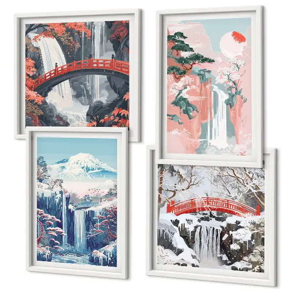 Conjunto de 4 quadros com moldura com paisagens de cachoeiras, montanhas, ponte e árvores
