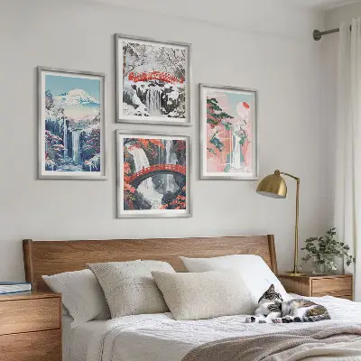 Conjunto de 4 quadros com moldura com paisagens de cachoeiras, montanhas, ponte e árvores
