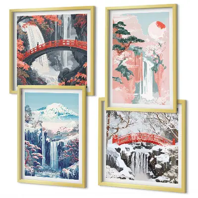 Conjunto de 4 quadros com moldura com paisagens de cachoeiras, montanhas, ponte e árvores