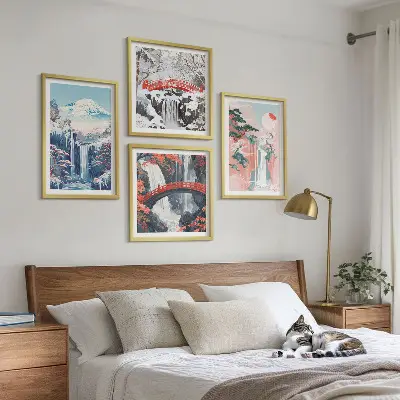 Conjunto de 4 quadros com moldura com paisagens de cachoeiras, montanhas, ponte e árvores