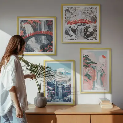 Conjunto de 4 quadros com moldura com paisagens de cachoeiras, montanhas, ponte e árvores